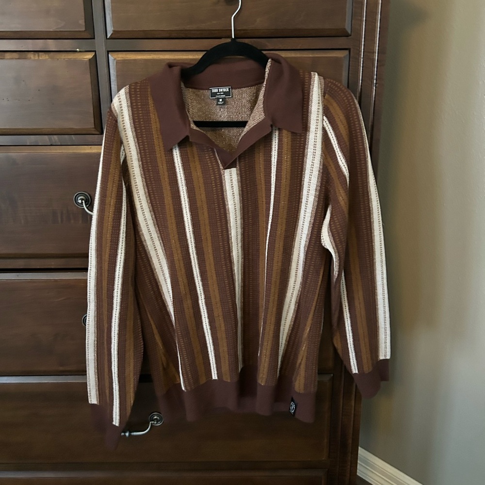 Todd Snyder Brown Striped V-Neck Polo Sweater